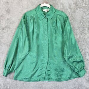 Vintage Oscar de la Renta Blouse Womens 8 Kelly Green Pleated Satin Button Up